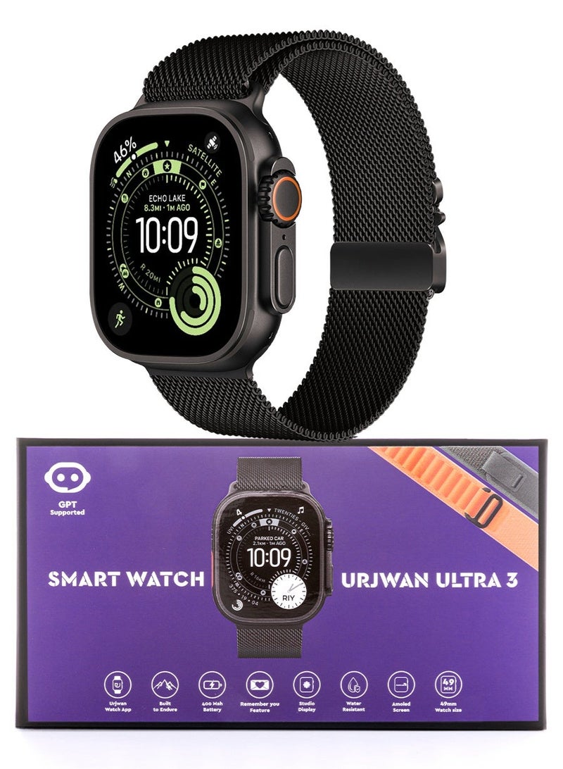 Urjwan Ultra 3 Smartwatch (Brand New) – Black: AI with ChatGPT, AMOLED Display for Vivid Colors, Photo Viewing Feature, Dedicated App for Perfect Control, Notifications & Calls Support, Water Resistance, with 3 Premium Straps. - Image 1